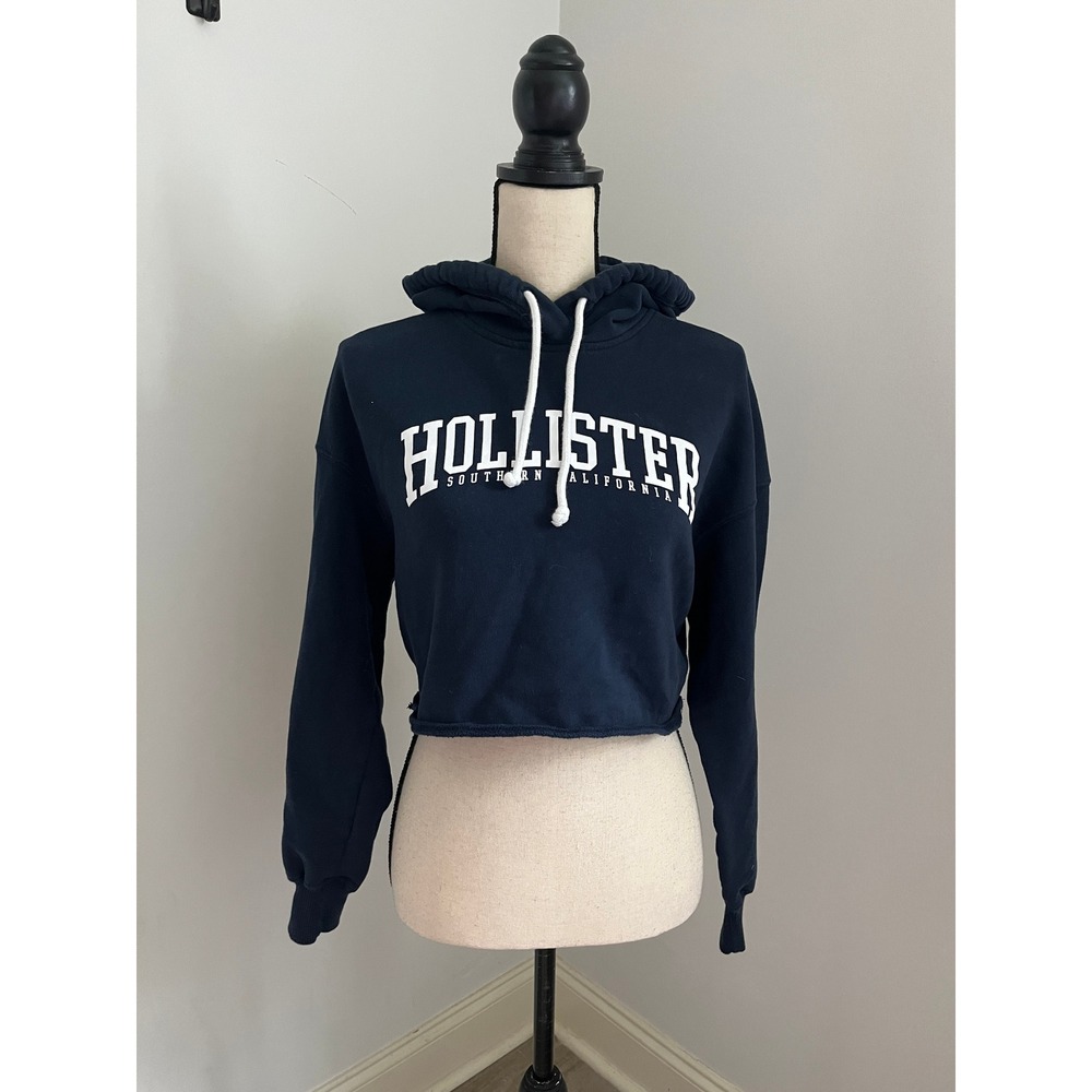 Hollister Navy Blue Cropped Graphic Hoodie Small Oversized Athleisure Sweatshirt